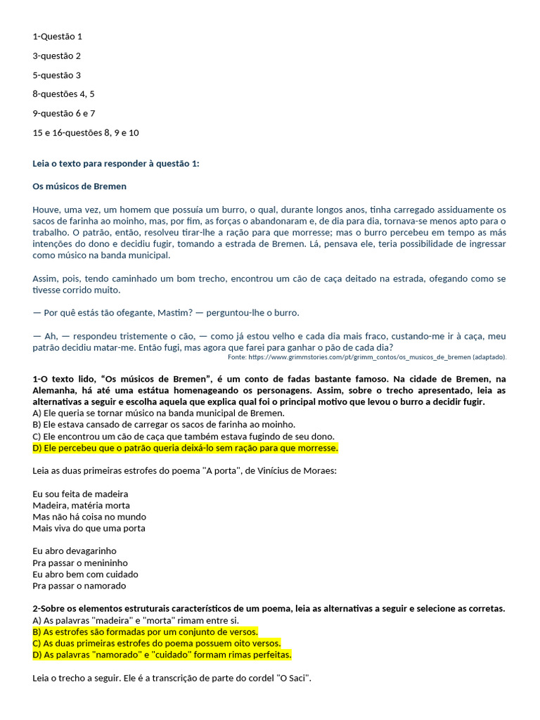 Leia o Texto para Responder À Questão 1: Os Músicos de Bremen | PDF