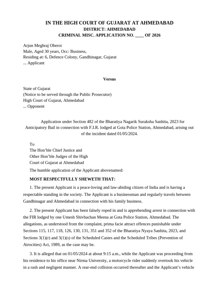 Anticipatory Bail Draft Arjun Meghraj Oberoi | PDF | Bail | Law Enforcement