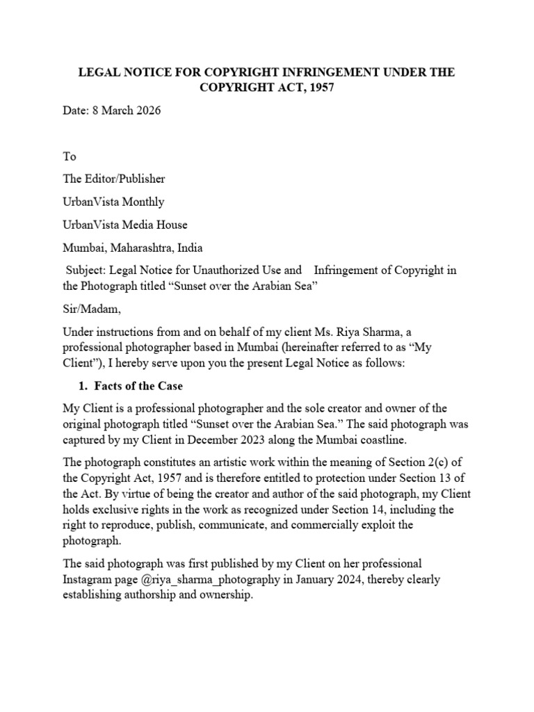 Internship Task - IPR - Legal Notice for Infringement of Copyright ...