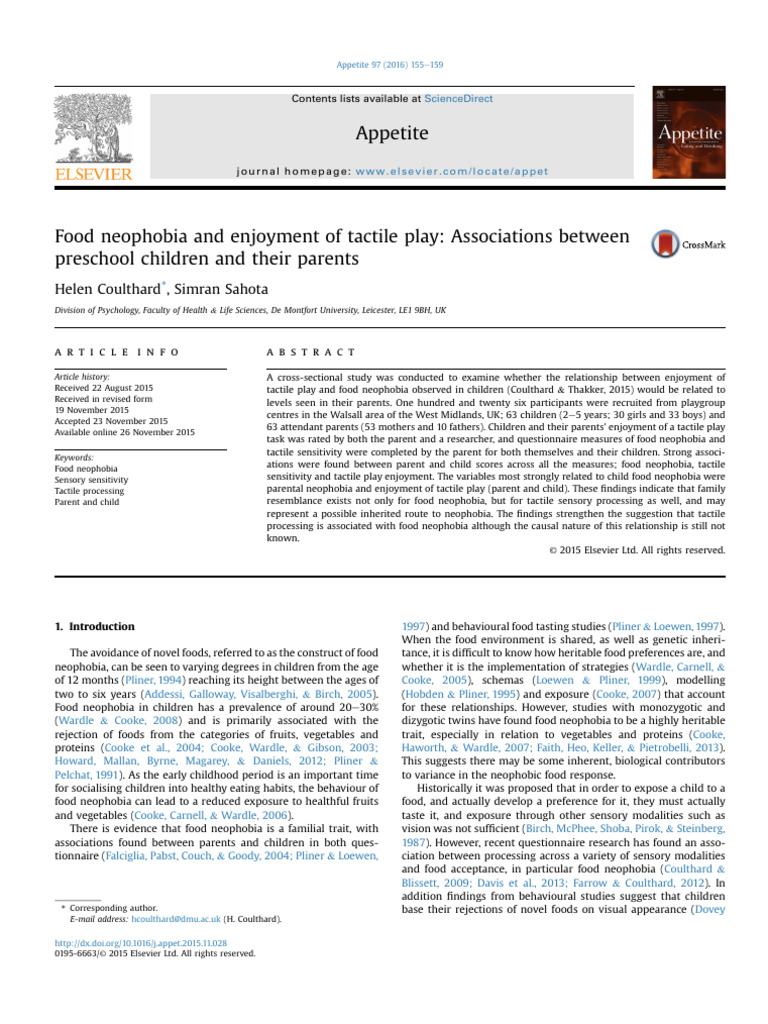 Food neophobia and enjoyment of tactile play- Associations between ...