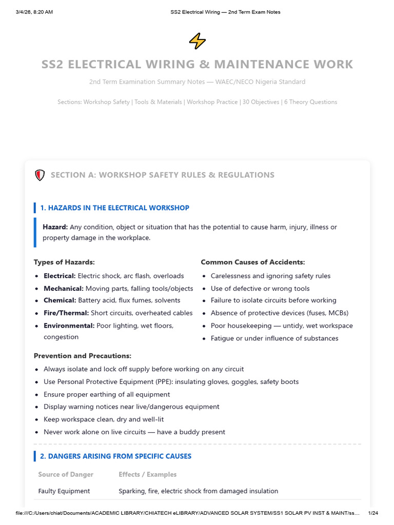 SS2 Electrical Wiring — 2nd Term Exam Notes | PDF | Electrical Wiring ...
