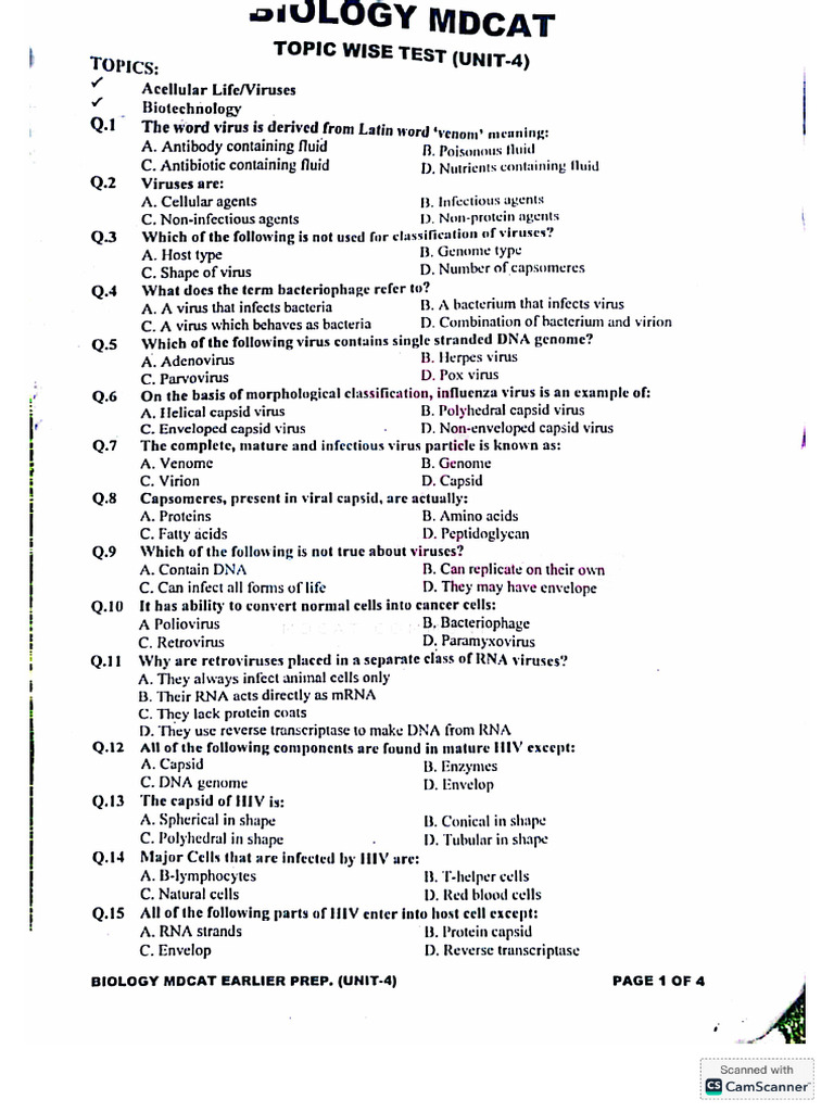 KIPS Biology Unit#4 Acellular Life, Viru | PDF