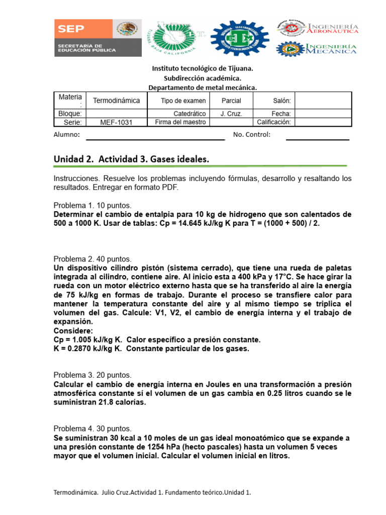 ITT. IM. Termo MEF-1031. U2.A3. Gases Ideales..Docx | PDF