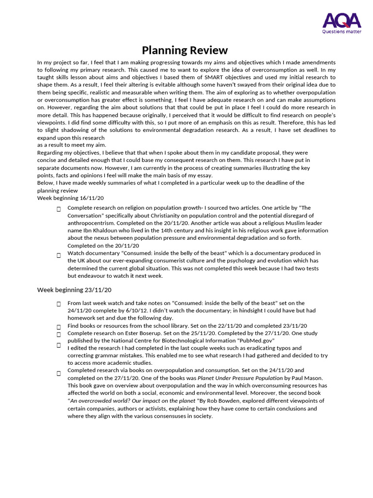 AQA Planning Review Exemplar | PDF