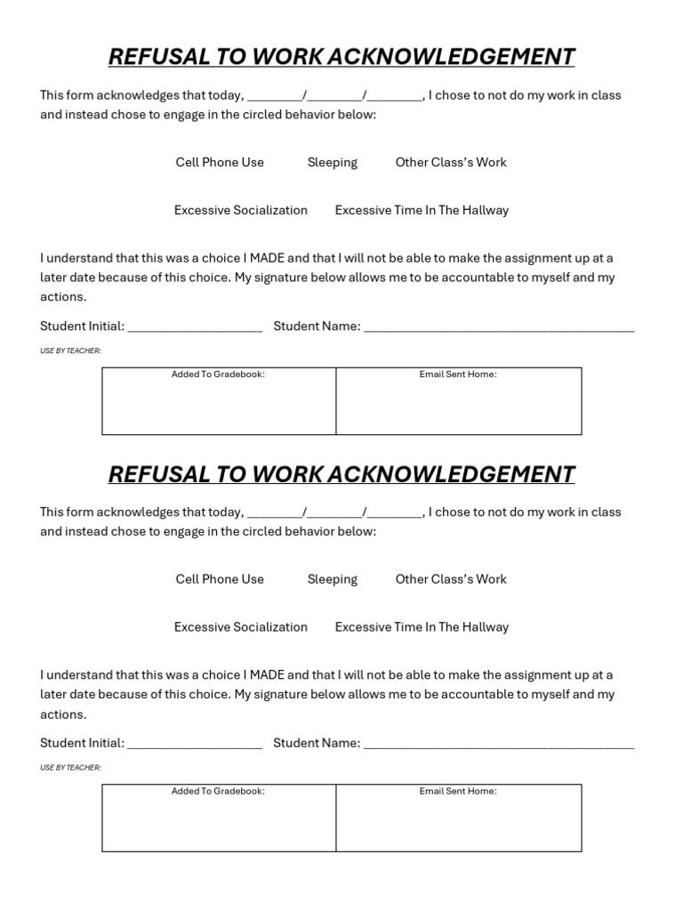 REFUSALTOWORKACKNOWLEDGEMENTStudentAccountabilityResource-1 | PDF