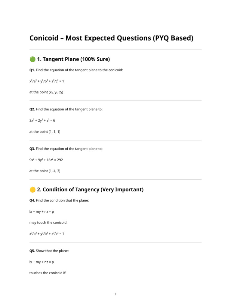 Conicoid Most Expected Questions (Pyq Based) | PDF