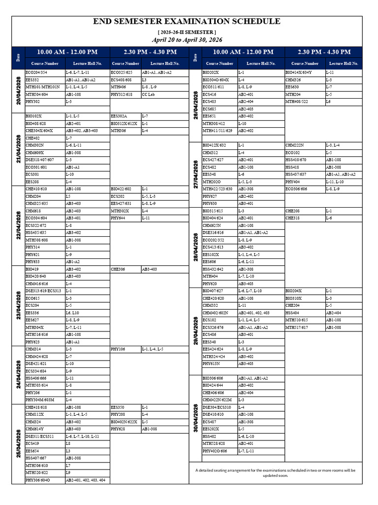 End Semester Examination Schedule | PDF