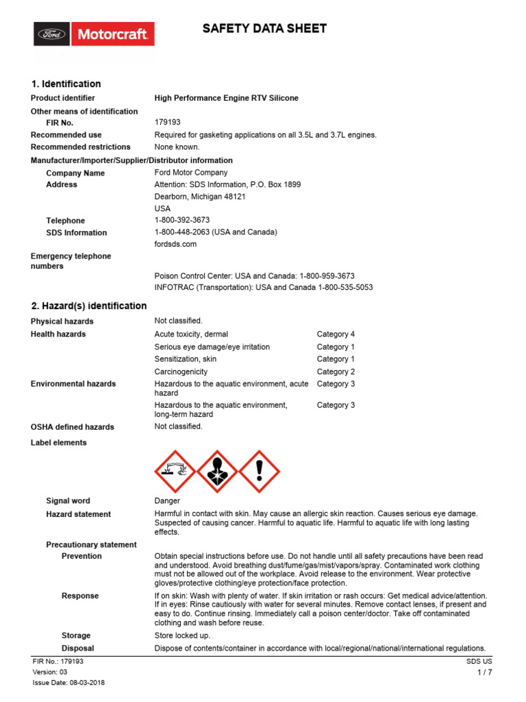 SDS - Silicon para Motor de Alto Rendimiento RTV Motorcraft | PDF ...
