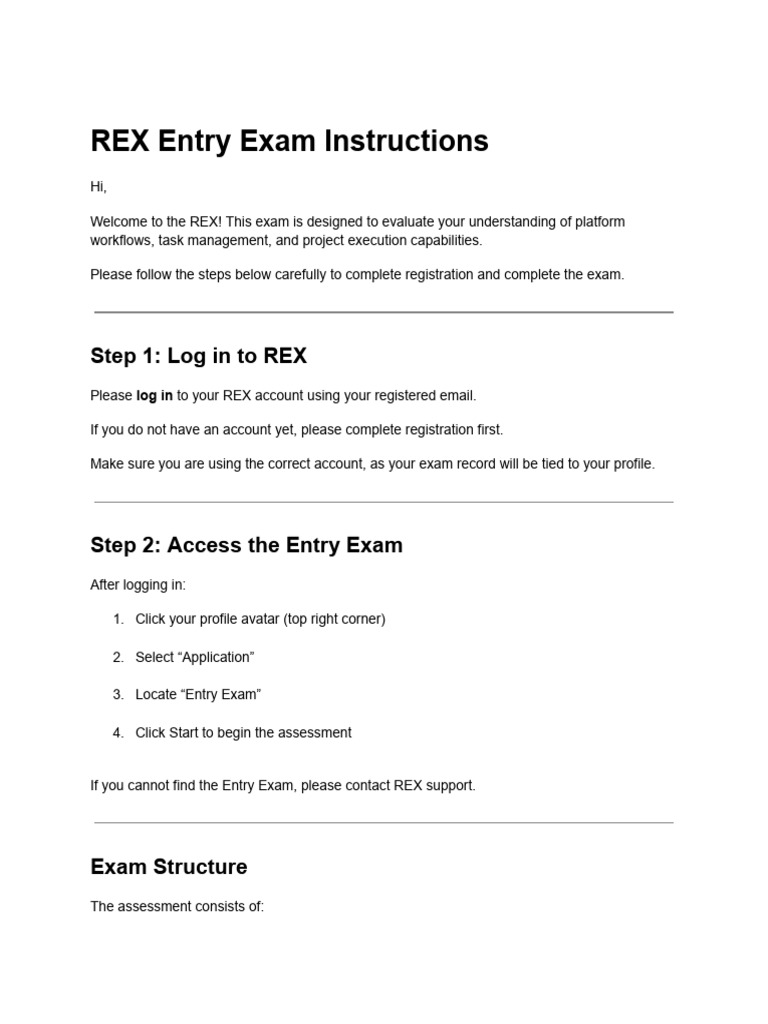 Rex Entry Exam Instruction | PDF