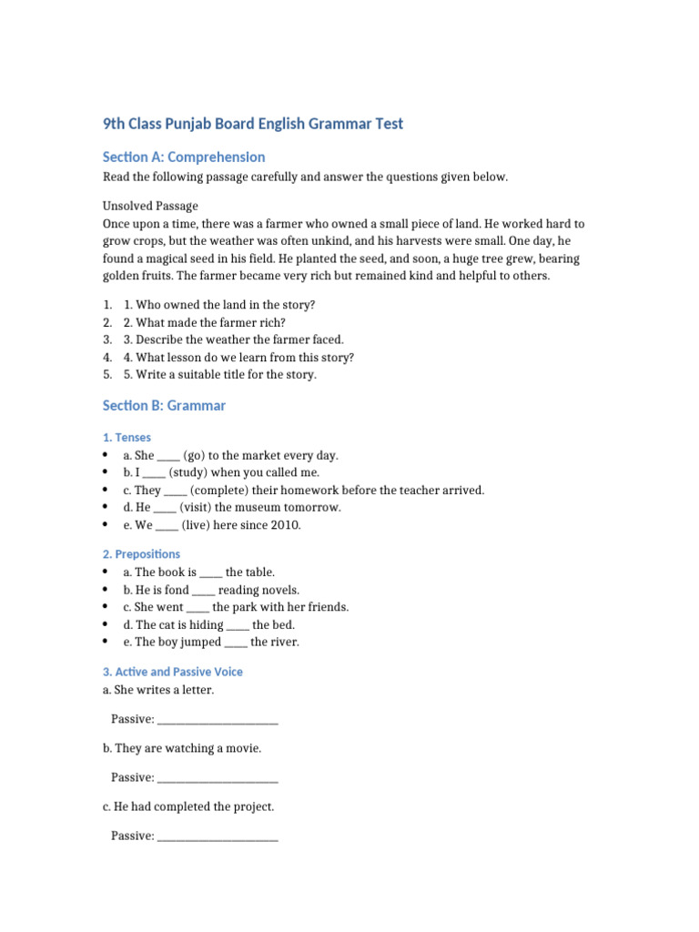 9th Class Grammar Test | PDF