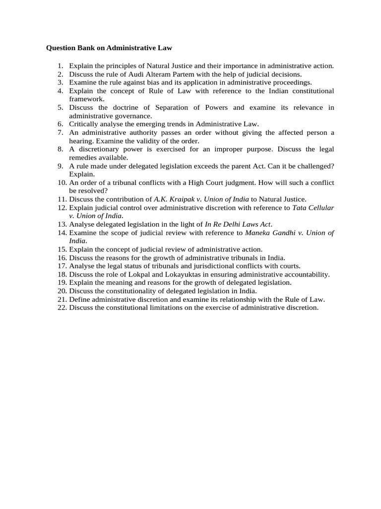 Question Bank on Administrative Law | PDF
