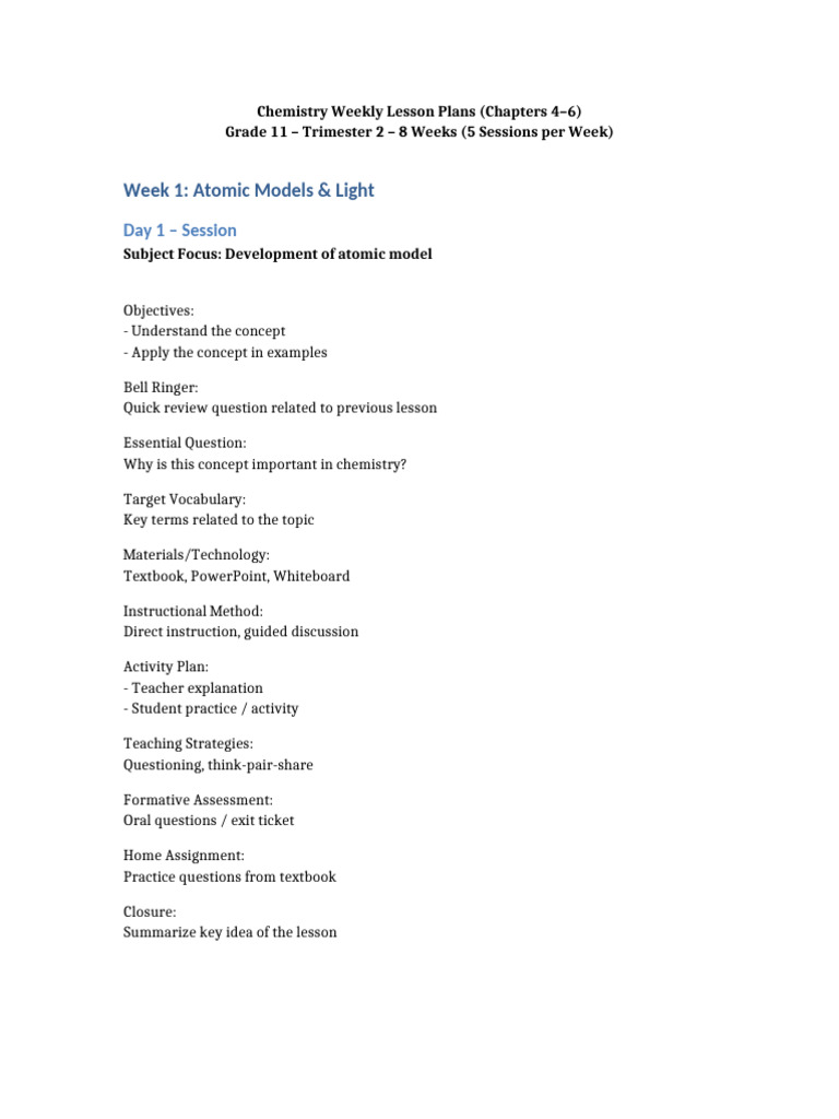 Weekly Plan 8 Weeks 5 Sessions | PDF | Concept | Teachers