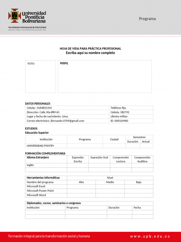 Formato HV Institucional UPB | PDF