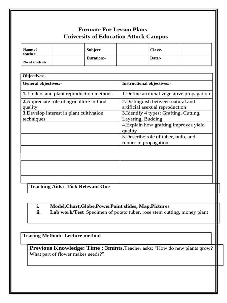 Formate for Lesson Plans for Elementary Teachers | PDF | Grafting | Plants