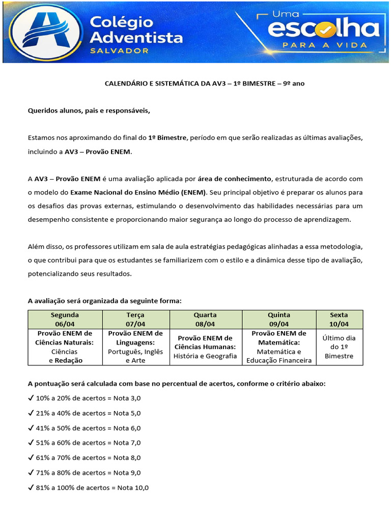 9 Ano Sistemtica e Calendrio Da Av3 1 Bimestre | PDF | Science