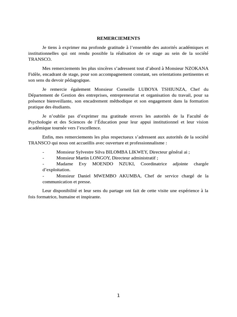 Rapport de Stage Tranco l1 LMD Geeot | PDF | République démocratique du ...