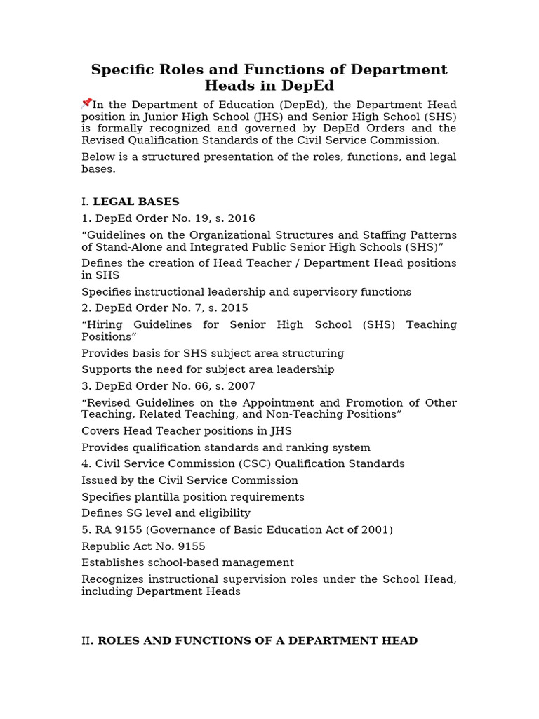 Specific Roles and Functions of Department Heads I | PDF | Teachers ...