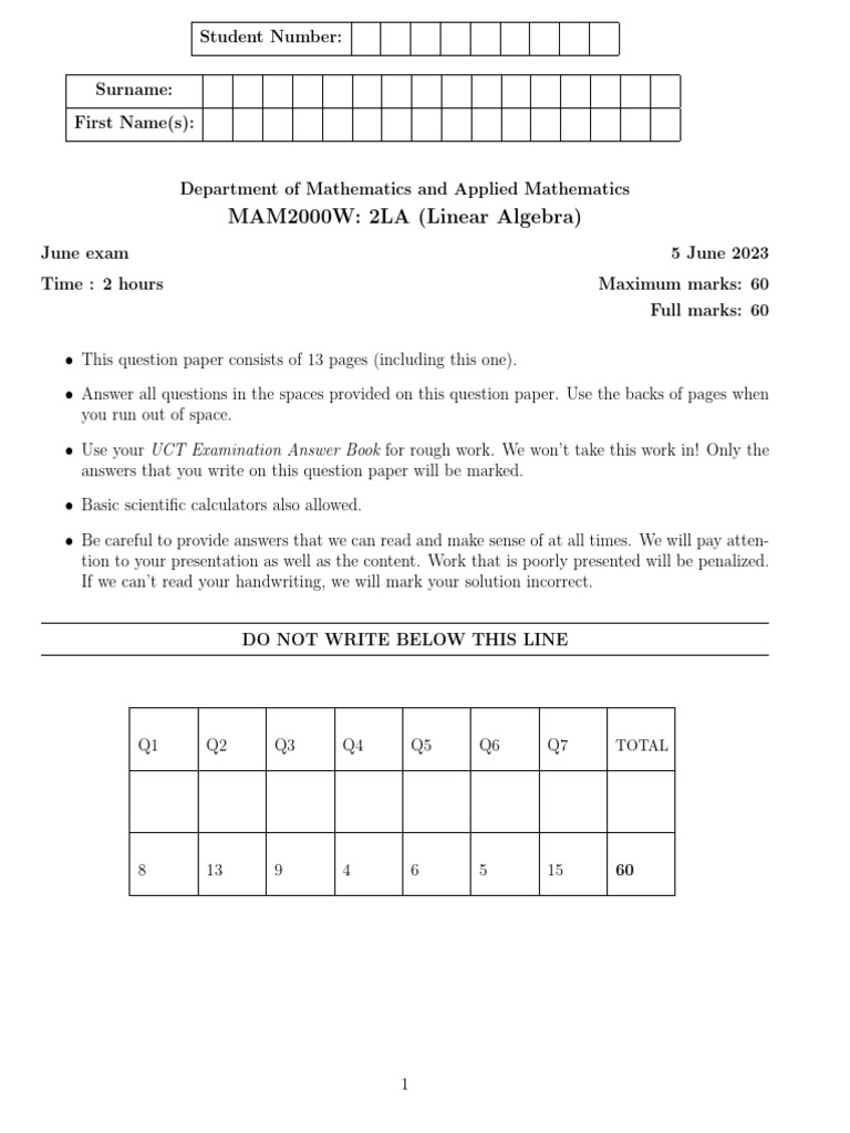 2023 Exam | PDF | Eigenvalues And Eigenvectors | Matrix (Mathematics)