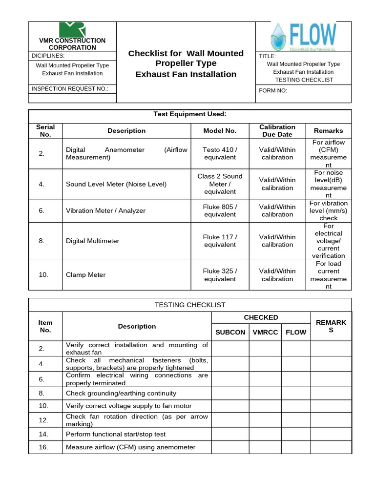 Checklist Wall Mounted Exhaust Fan Installation | PDF | Equipment ...