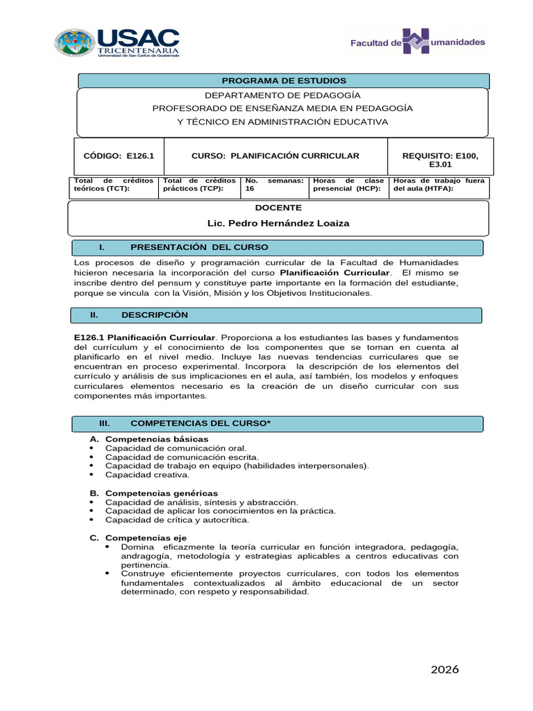 E126.1 Planificación curricular 2026 | PDF | Plan de estudios | Aprendizaje