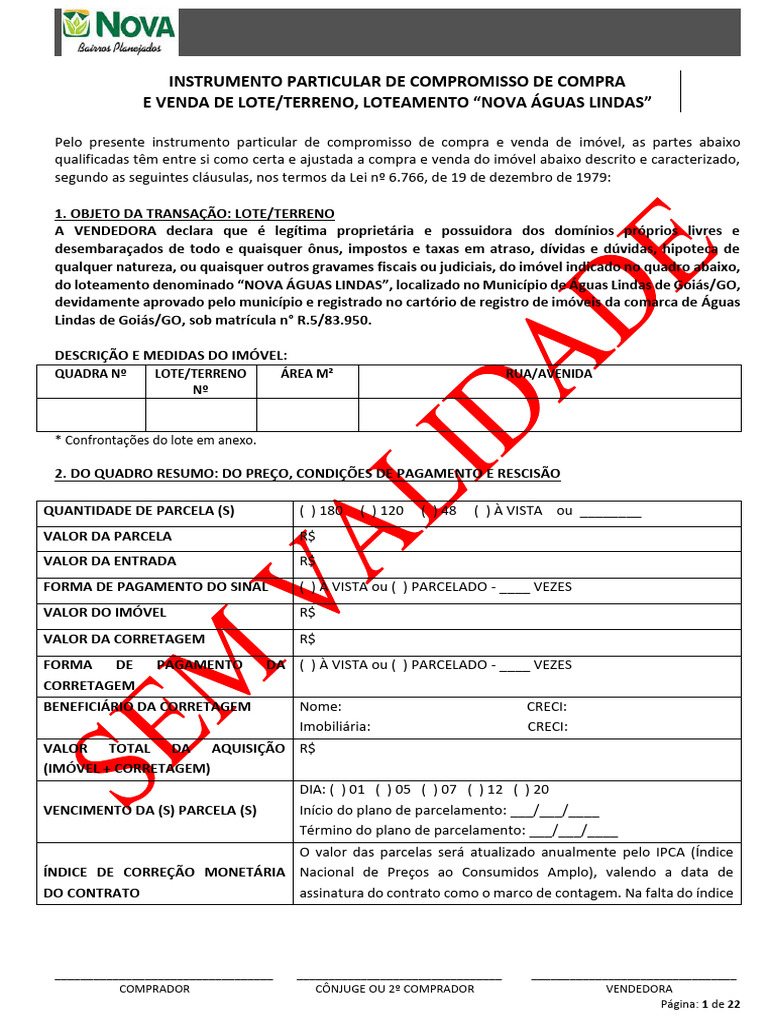 (MODELO SEM VALIDADE) Contrato de Compra e Venda de Lote - Nova Águas ...