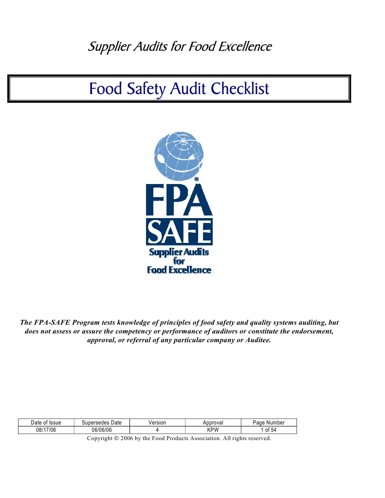 SAFE Food Safety Audit Checklist PDF Pesticide Audit