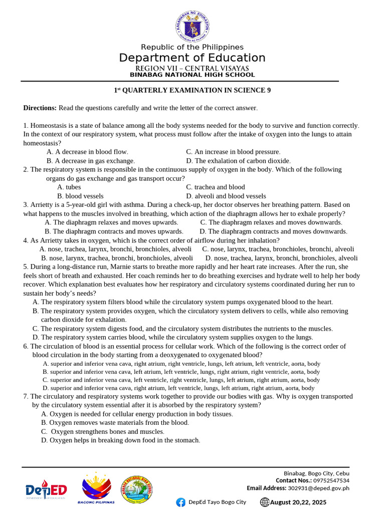 Science 9_First Quarter Exam | PDF | Circulatory System | Photosynthesis