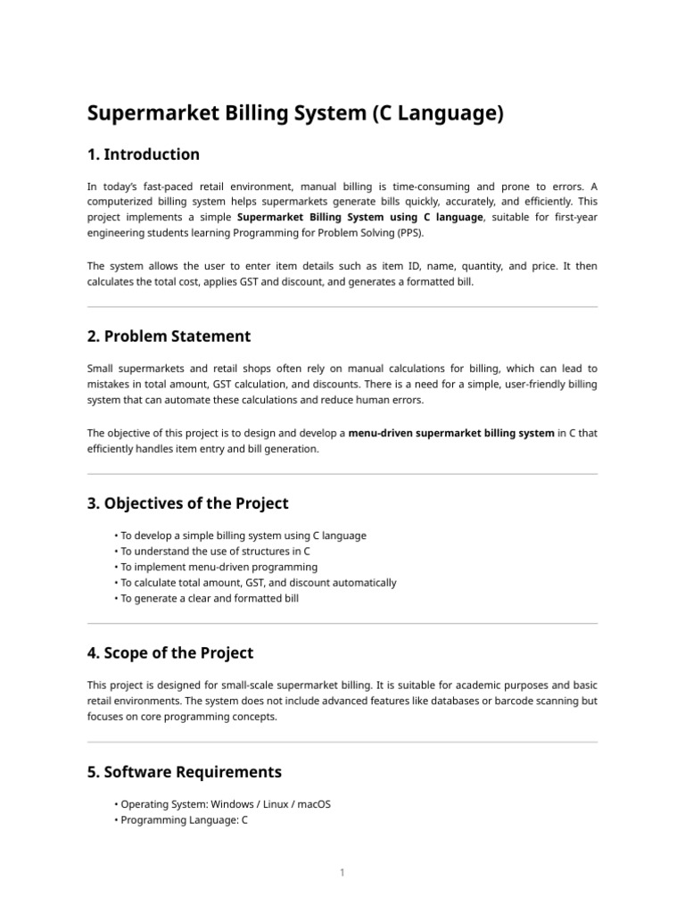 Supermarket Billing System - Project Report | PDF | C (Programming ...