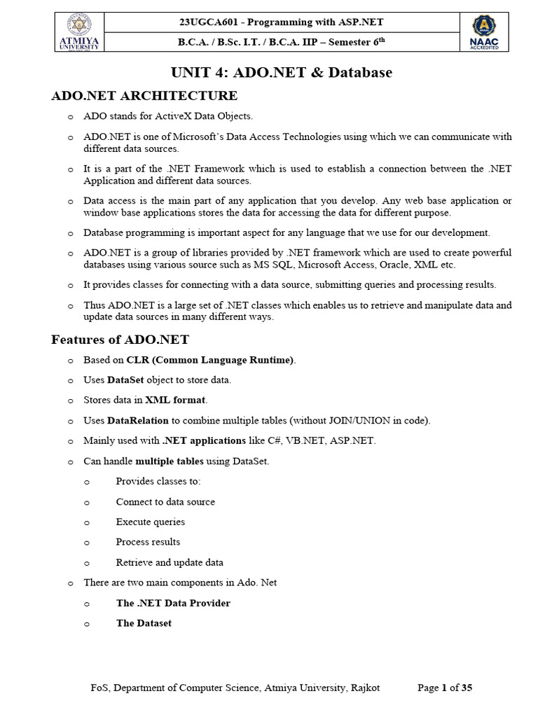 Mcb_unit 4 Unit 2-23ugca601 - Programming With ASP.net | PDF ...