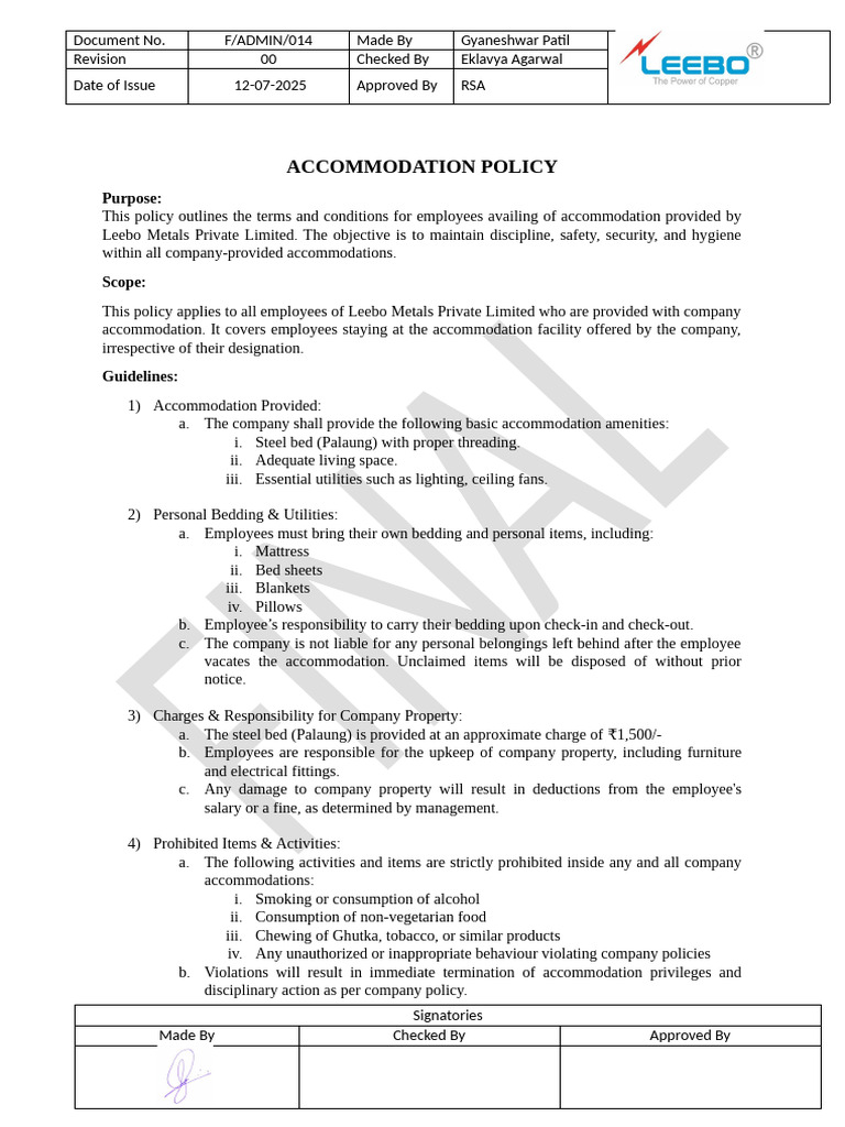 FADMIN014 - Accomodation Policy | PDF | Bed | Justice
