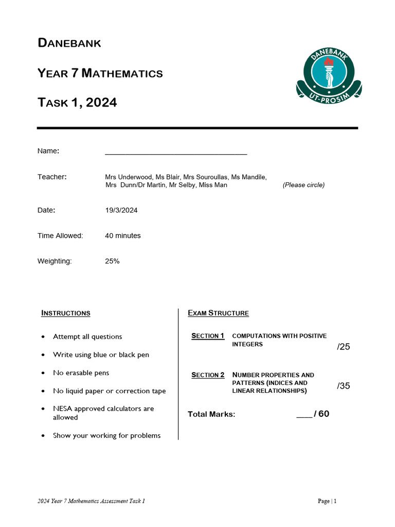 2024 Yr 7 task 1 | PDF
