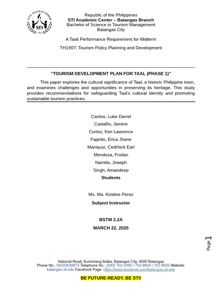 Tourism Development Plan for Taal Phase 1 | PDF | Tourism | Infrastructure