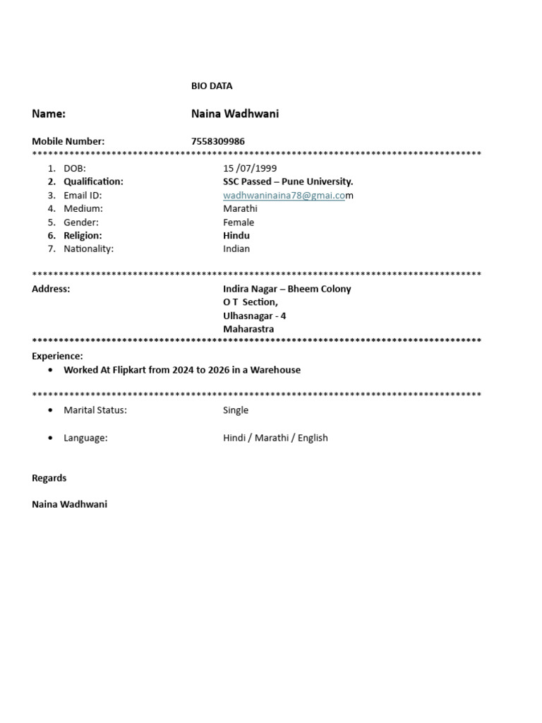 Bio Data - Copy | PDF