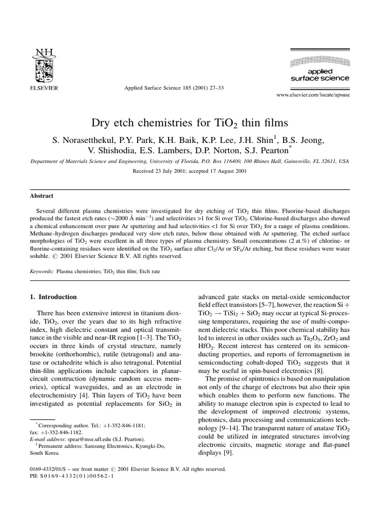 Dry Etch Chemistries For TiO2 Thin Films | PDF | Sputtering | Physical ...