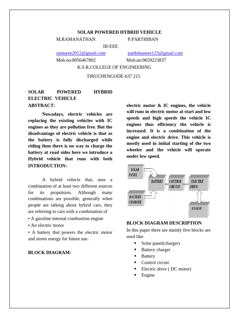 Solar Powered Hybrid Electric Vehicle | PDF | Electric Motor | Battery ...