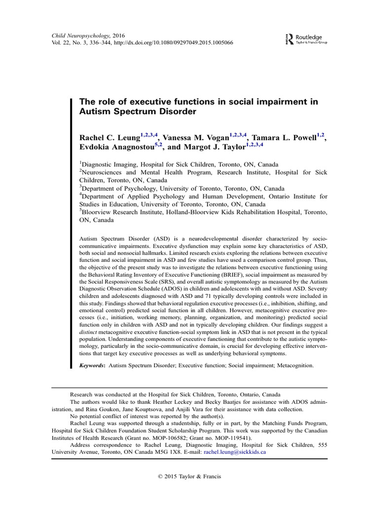 The role of executive functions in social impairment in Autism Spectrum ...