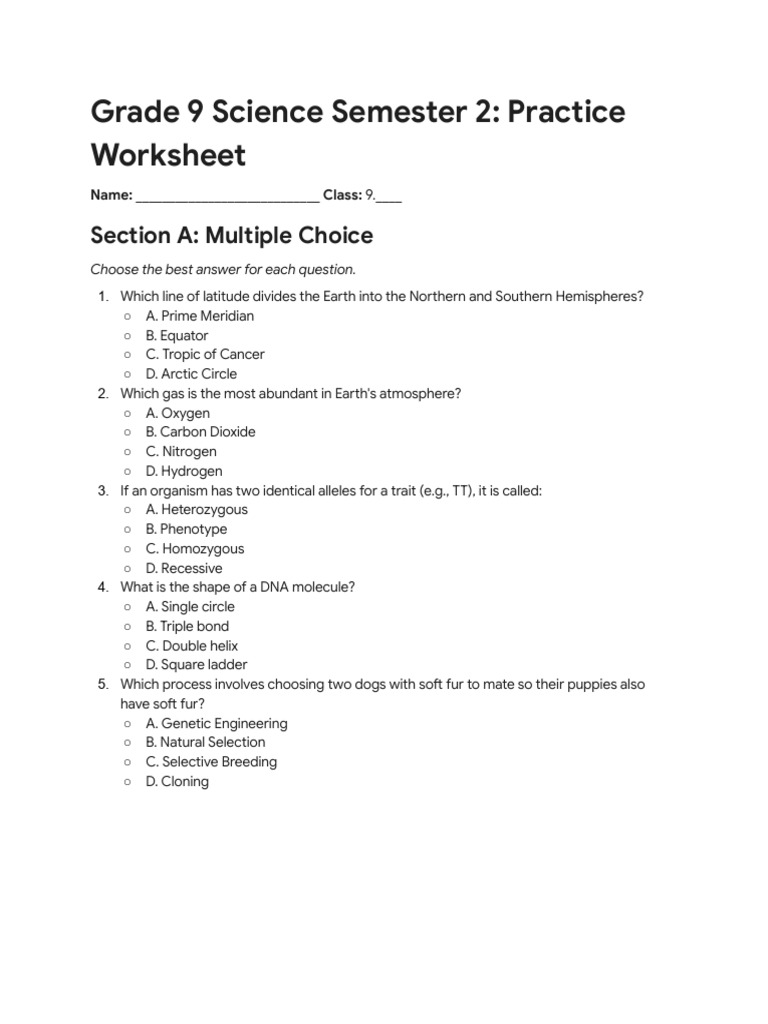 Grade_9_CC_Science_-_Exam_Practice_Worksheet | PDF | Genetics