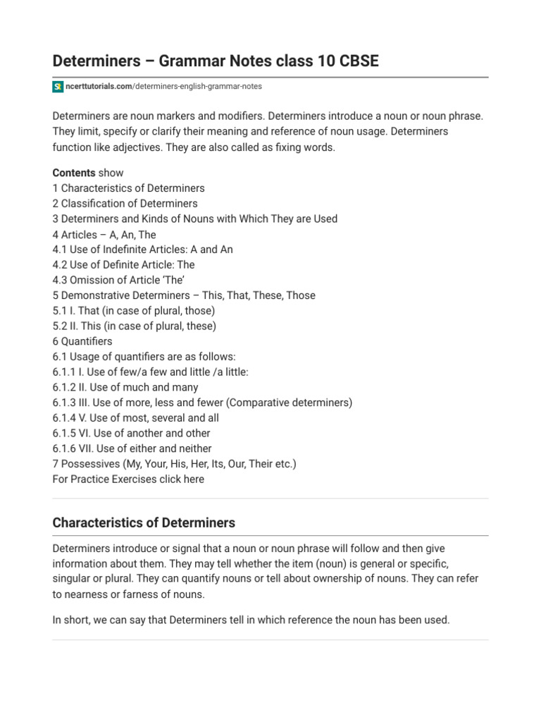 Determiners – Grammar Notes Class 10 CBSE – NCERT Tutorials | PDF ...