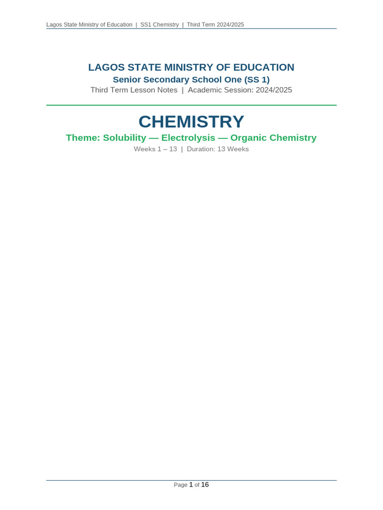 Chemistry SS1 Third Term Lesson Notes | PDF | Reaction Rate | Solubility