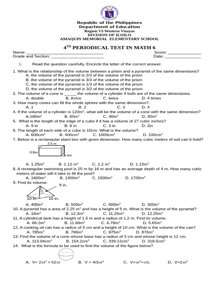 Dtc_pt_mathematics 6 - q4 v1 | PDF | Volume | Sphere