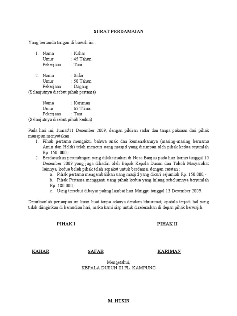 Contoh Surat Perdamaian