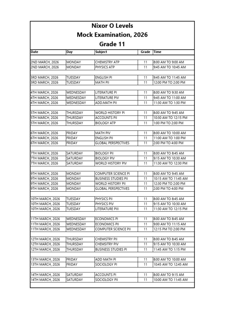 Grade 11 Mock Examination Schedule 2026 | PDF