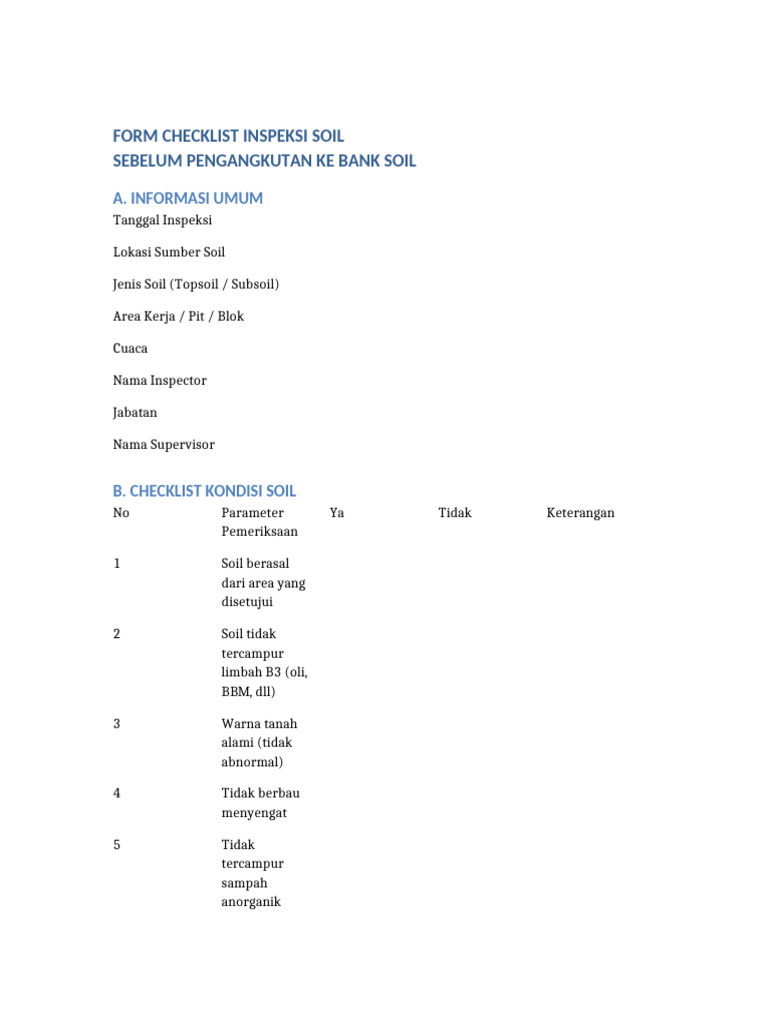 Form Checklist Inspeksi Soil Lengkap | PDF
