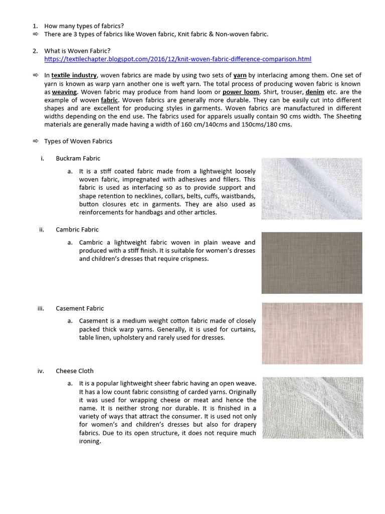 469107812 Types of Fabrics | PDF | Knitting | Textiles