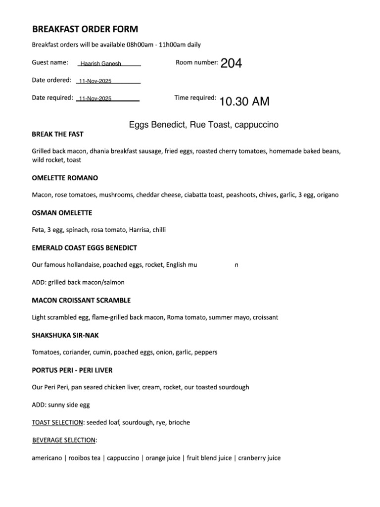 Breakfast Order List | PDF