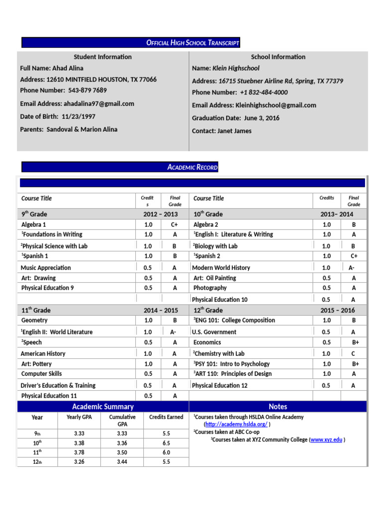 Ahad-Official-High-School-Transcript | PDF