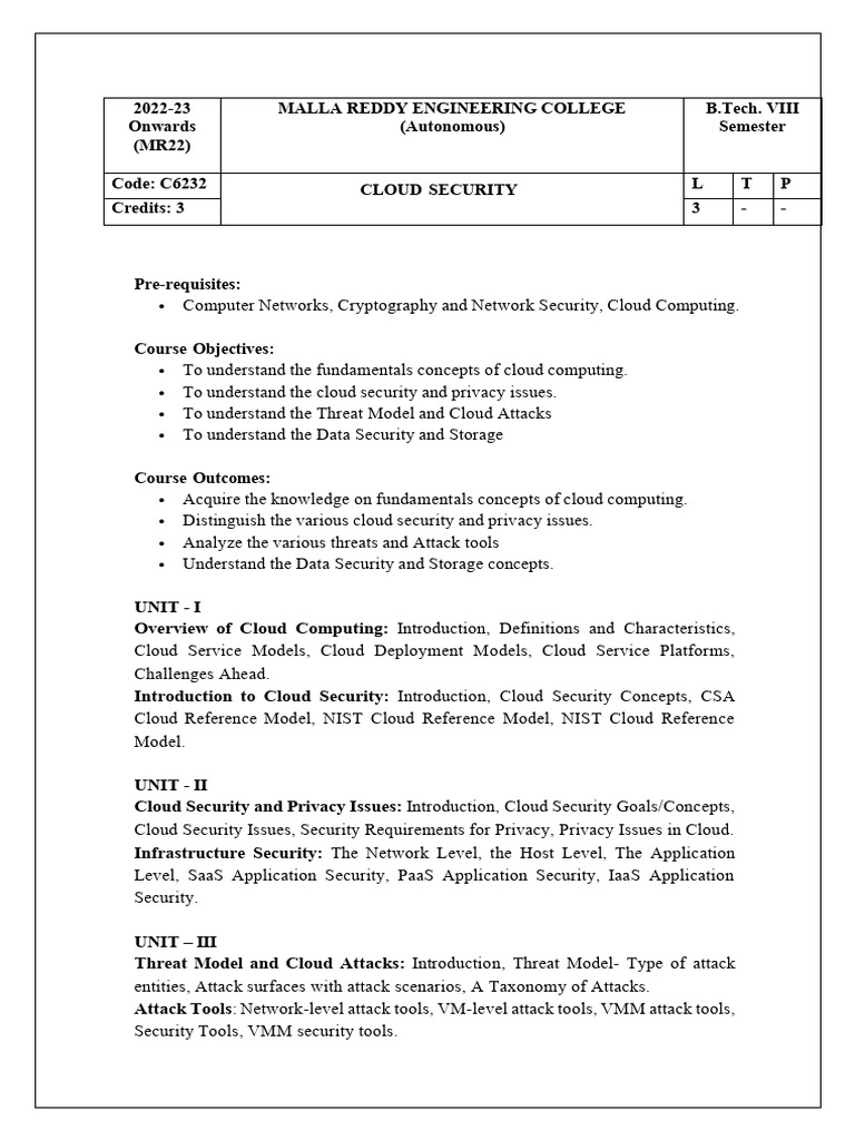 Cloud Security Syllabus | PDF | Cloud Computing | Security