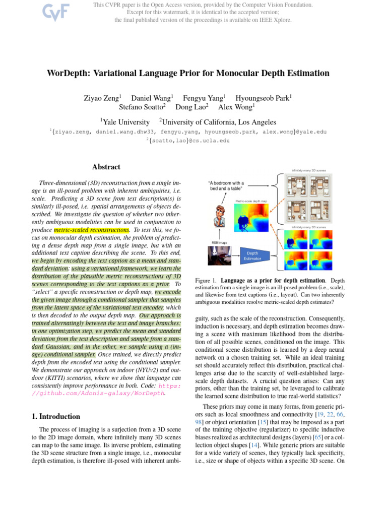 Zeng WorDepth Variational Language Prior for Monocular Depth Estimation ...