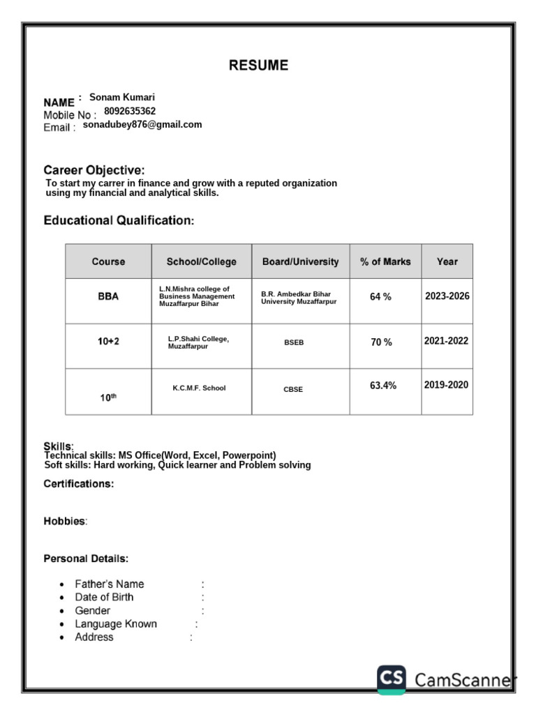 Resume Format BBA(3)(1)(3) (4) | PDF