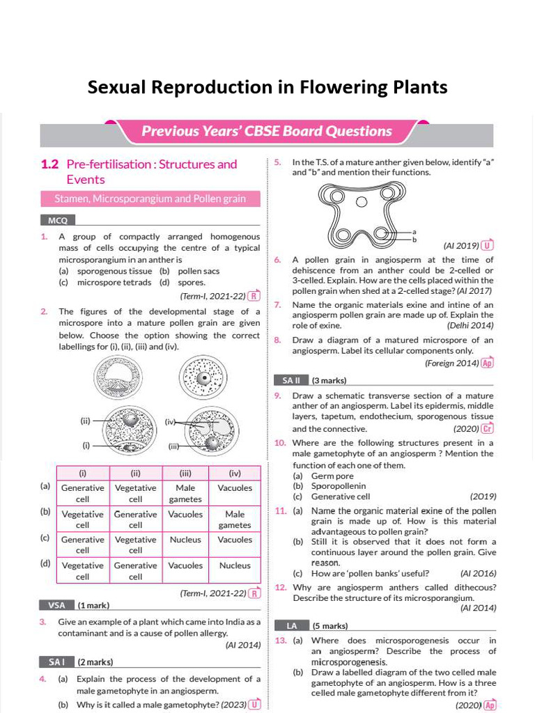 Class 12th Botany Chapter 1 PYQs (Biology: sexual reproduction in ...